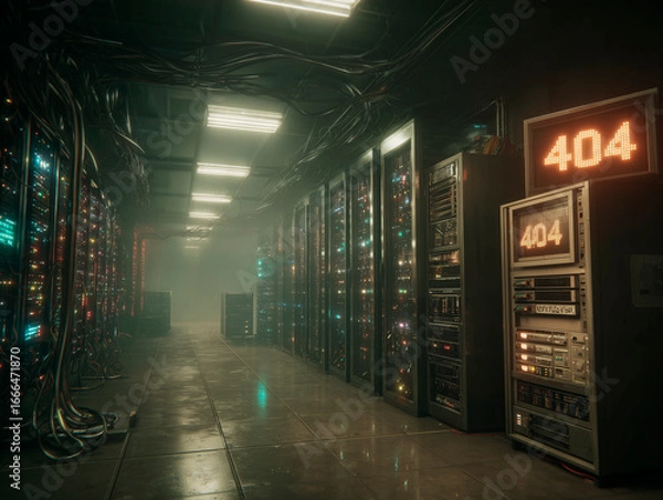 Fototapeta 
A meticulously rendered data server room, with rows of blinking lights, intricate wiring, and one server rack distinctly powered down, its screen showing "404." Volumetric dust motes, realistic metal