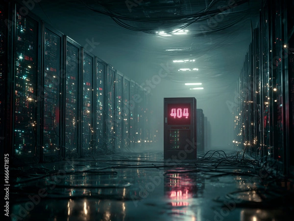 Fototapeta 
A meticulously rendered data server room, with rows of blinking lights, intricate wiring, and one server rack distinctly powered down, its screen showing "404." Volumetric dust motes, realistic metal