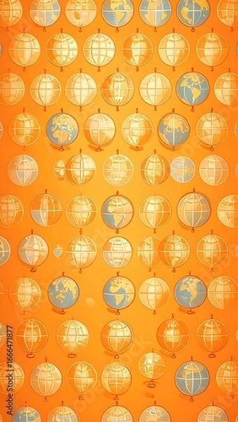Fototapeta A repeating pattern of vintage-style globes on an orange background, showcasing different world maps.