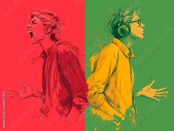 Fototapeta 
bad vs good behavior: left side person yelling or arguing with red aggressive background; right side person listening calmly, open body language, green peaceful background