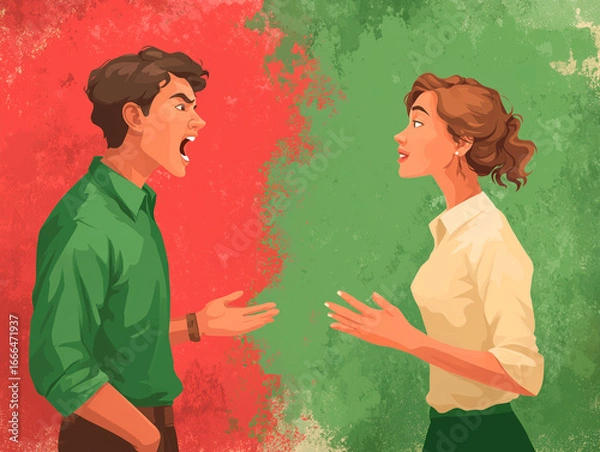 Fototapeta 
bad vs good behavior: left side person yelling or arguing with red aggressive background; right side person listening calmly, open body language, green peaceful background
