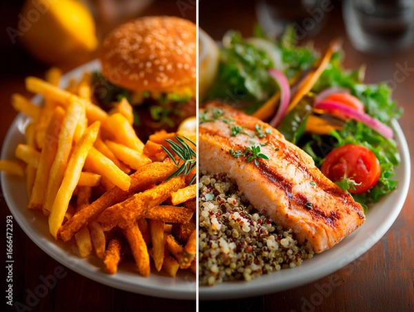 Fototapeta 
split view: left side fast food meal with greasy burger and fries, unhealthy glow; right side shows a clean plate with grilled salmon, quinoa, and vegetables, wellness style