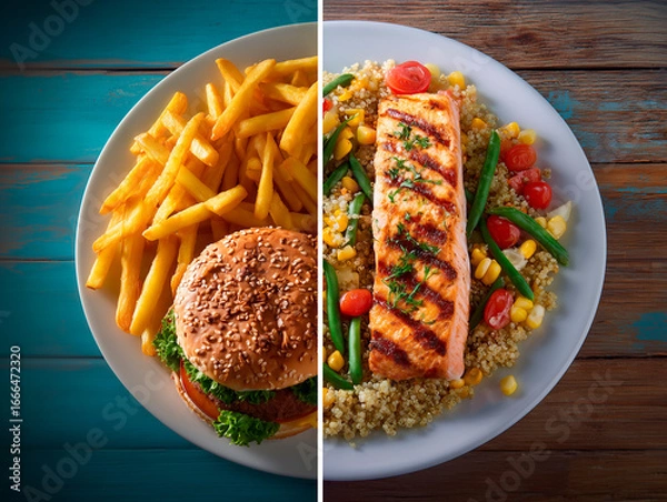 Fototapeta 
split view: left side fast food meal with greasy burger and fries, unhealthy glow; right side shows a clean plate with grilled salmon, quinoa, and vegetables, wellness style