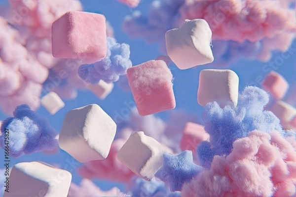 Fototapeta Square marshmallows suspended in a fluffy cloud of pastel colors.