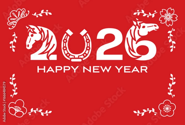 Fototapeta 2026　午年　年賀状テンプレート - 数字を形取る馬と和の花のアイコンフレーム