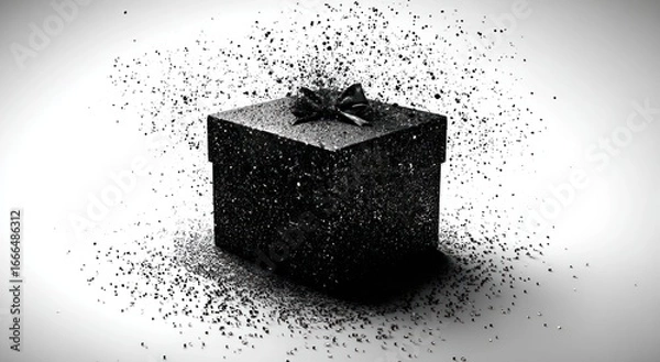 Fototapeta A black gift box erupts in particles