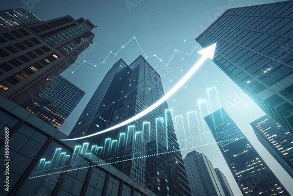 Fototapeta Business growth 2026 futuristic skyscrapers with glowing chart and progress success