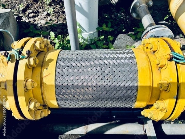 Fototapeta A close-up of a braided stainless steel flexible pipe with yellow flanges and bolts, connecting rigid pipes in an industrial setting.
