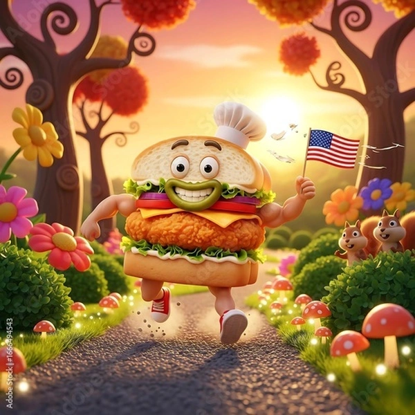Fototapeta Cheerful cartoon sandwich character running on a colorful path at sunset, holding an American flag, surrounded by flowers, trees, and cute animals.