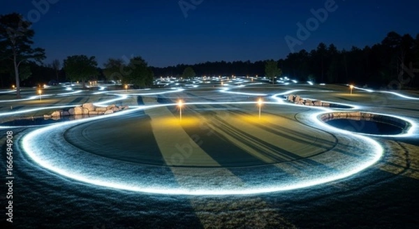 Fototapeta Serene illuminated landscape at night winding pathways and artificial lighting create a stylized outdoor scene for environmental innovation and sustainable design promotion 150 200 char