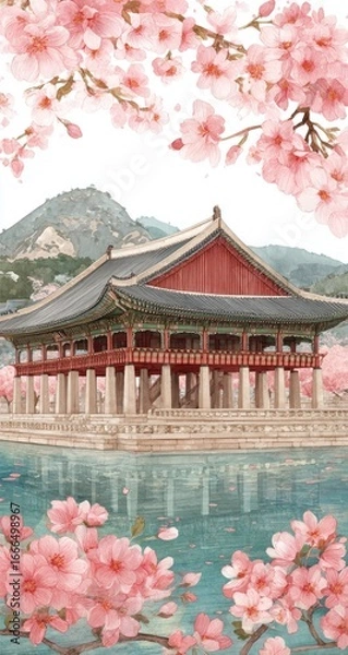 Fototapeta A serene Asian-style pavilion, surrounded by cherry blossoms, over a calm body of water, bathed in soft light