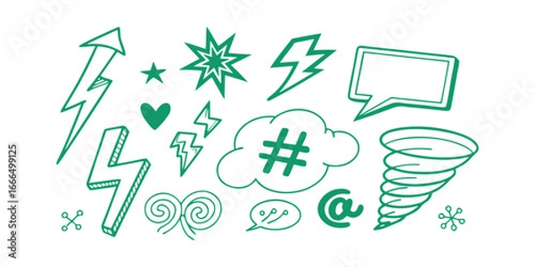 Obraz Collection of hand drawn doodle icons including lightning bolts speech bubble tornado and hashtag isolated on transparent background silhouette