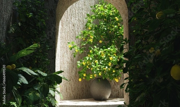 Fototapeta Sunlight through archway, lemon tree