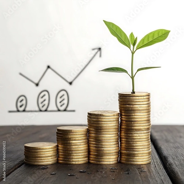 Fototapeta Stacks of gold coins form a rising graph, with a plant growing from the highest stack, against a hand-drawn upward trending line graph.