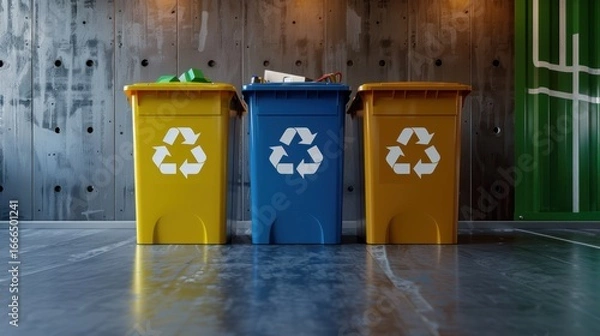 Fototapeta Clean and modern setup featuring recycling bins in primary colors, each clearly labeled for plastic, paper, and metal.