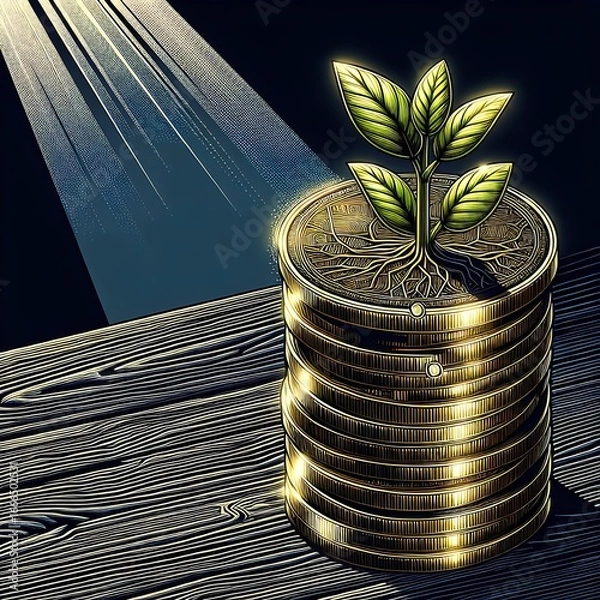 Fototapeta A stack of gold coins supporting a growing plant, symbolizing financial growth and investment success under a beam of light.