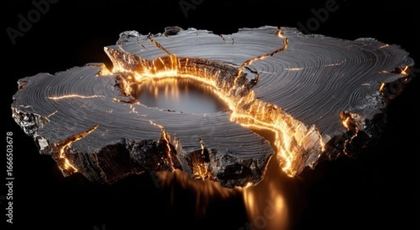 Fototapeta Abstract wood slice, glowing cracks