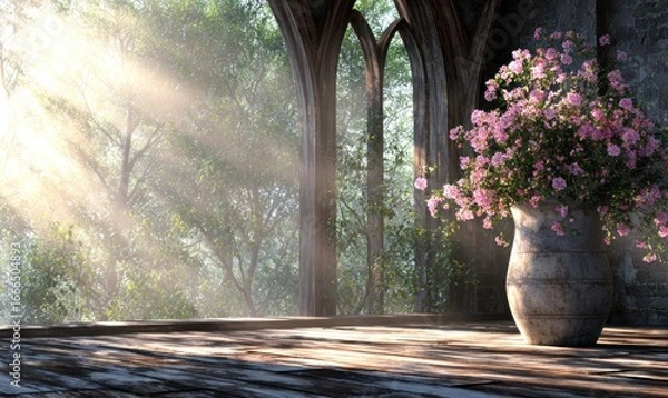 Fototapeta Sunlight streams into a weathered, gothic-style room, illuminating a vase of pink flowers