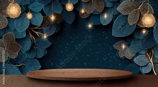Fototapeta Elegant wooden platform surrounded by foliage and twinkling lights