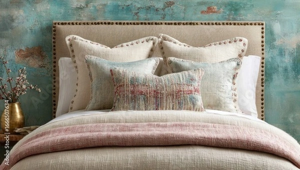 Fototapeta Soft, neutral bedding on a bed