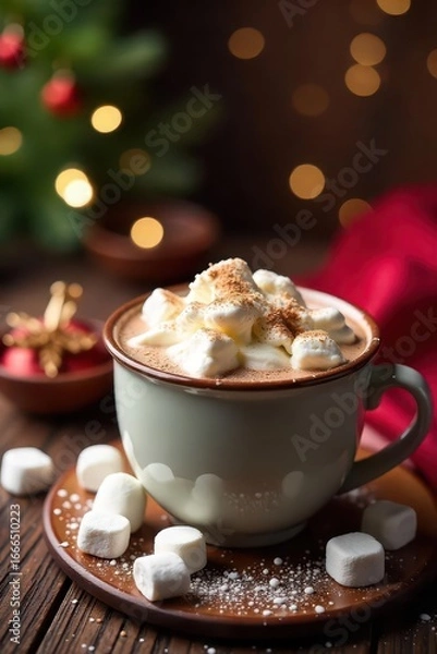 Fototapeta Warm cocoa, fluffy marshmallows, festive table , beverage, wooden table, cup