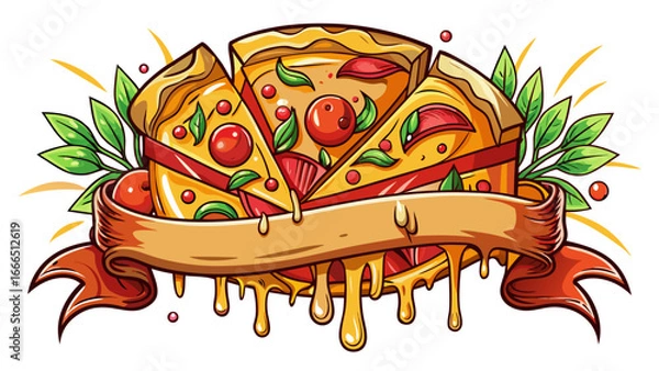 Fototapeta Pepperoni pizza banner ad bursts with color, melted cheese stretches, iconic slices radiate warmth, playful yet elegant design captures craving, timeless illustration uniting appetite with artful comp