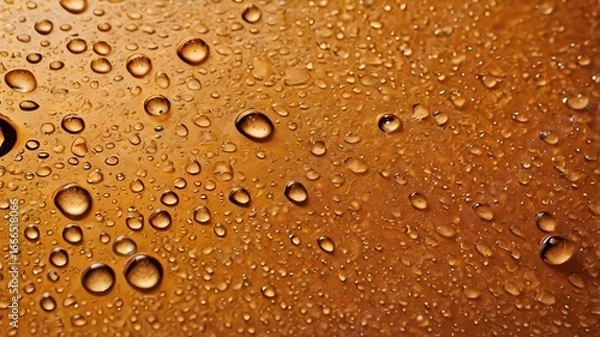 Obraz Detailed close-up of water droplets on orange toned background with PVC grunge surface, abstract texture of bubbles resembling condensed pure droplets on canvas