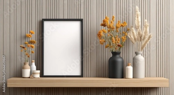 Fototapeta Empty frame on wooden shelf, autumnal decor