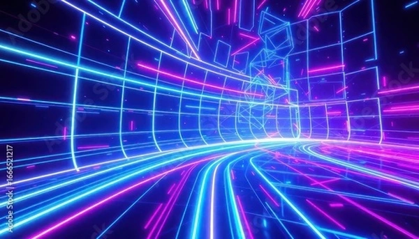 Fototapeta Dynamic neon light tunnel with glowing blue and pink lines, representing modern technology, virtual reality, and digital data flow. Ideal for tech, gaming, or futuristic concepts.