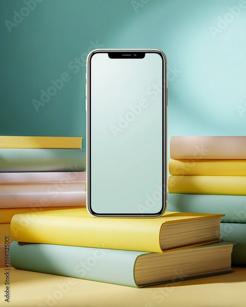 Fototapeta A vibrant smartphone mockup takes center stage, resting atop a colorful stack of books, bathed in soft light and cast shadows that hint at a connection between technology and literature.