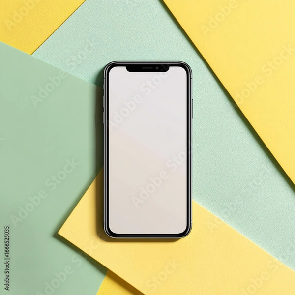 Fototapeta A stylish smartphone, with its screen a blank canvas of potential, lies on a captivating geometric backdrop of pastel colors.