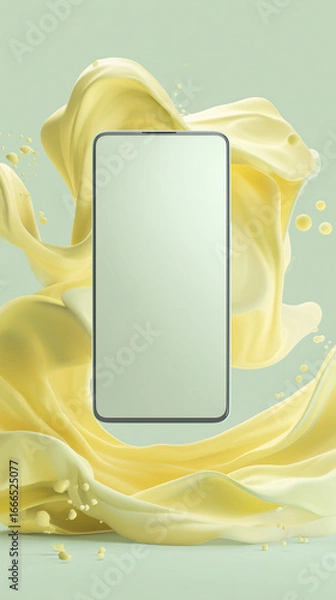 Fototapeta A sleek smartphone takes center stage amidst a vibrant, flowing stream of liquid, creating a dynamic and visually striking composition. 