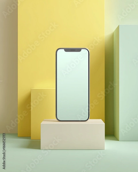 Fototapeta A modern smartphone is presented on a minimalist geometric background. The scene uses soft colors, showcasing technology in a creative, contemporary style. 