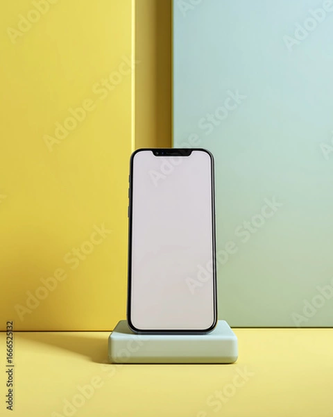 Fototapeta A sleek smartphone showcases its blank screen, poised atop a minimalist platform against a backdrop of vibrant pastel hues, with modern aesthetic and technological sophistication.