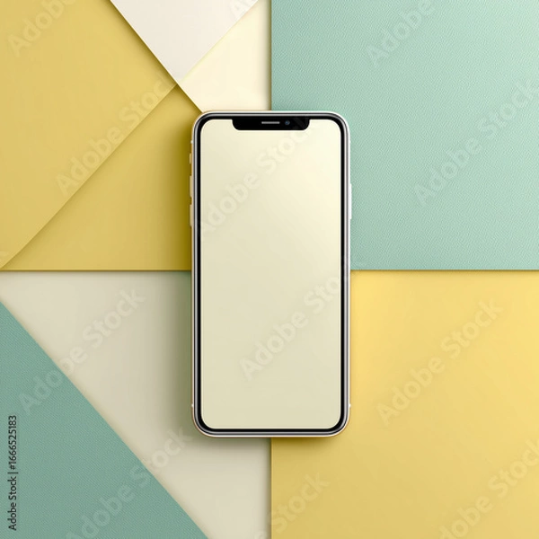 Fototapeta A modern smartphone sits sleekly, its blank screen a canvas for limitless possibilities, set against a backdrop of geometric shapes in serene, soft colors. 