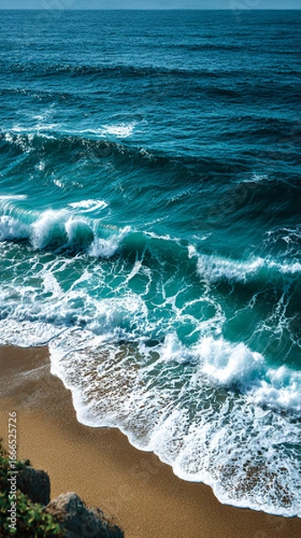 Fototapeta ocean waves hitting shore, foamy white water on turquoise sea