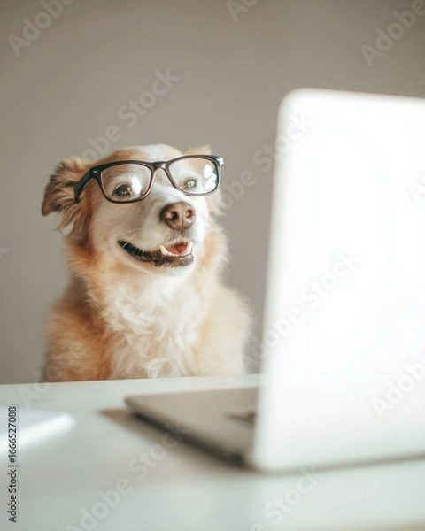 Fototapeta Immagine divertente di un cagnolino con occhiali, seduto davanti ad un computer portatile.