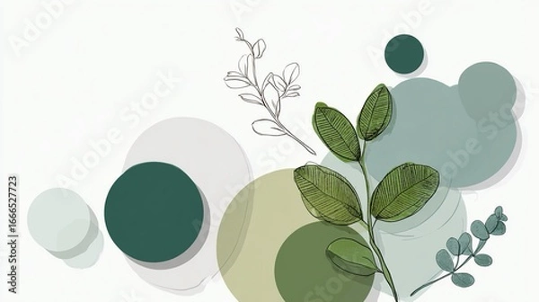 Fototapeta Un'immagine astratta con forme geometriche colorate con colori verde pastello e dettagli vegetali, come foglie e rametti di piante stilizzati.