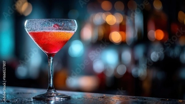 Obraz A delicious Sex on the Beach cocktail sits on a polished bar counter, showcasing vibrant colors. Soft lighting and blurred bar elements create a relaxed and inviting setting