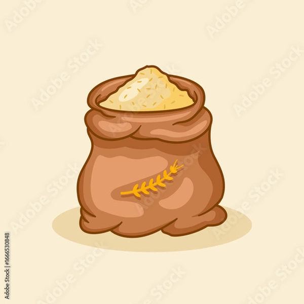 Fototapeta Wheat in a sack is designed in a flat cartoon style, isolated on yellow background. Wheat seeds. Triticum aestivum L.