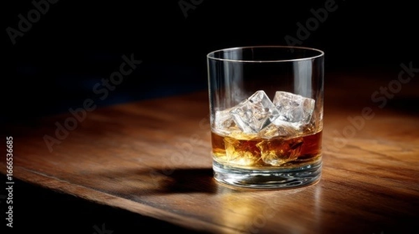 Fototapeta Elegant whiskey glass with melting ice cubes on dark wooden surface, closeup shot, rich amber tones, sophisticated and inviting mood with copy space