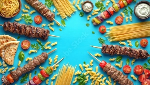 Fototapeta Assorted Mediterranean foods arranged in a circle on a bright background
