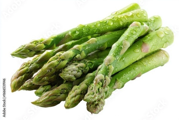 Fototapeta Fresh green asparagus spears grouped in clusters isolated on transparent white background. Detailed texture and vibrant color. Close-up studio of group of fresh asparagus stalks arranged neatly.