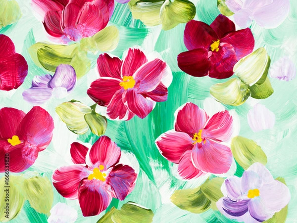 Fototapeta Abstract pink and purple flowers, original hand drawn, impressionism style, color texture, brush strokes of paint