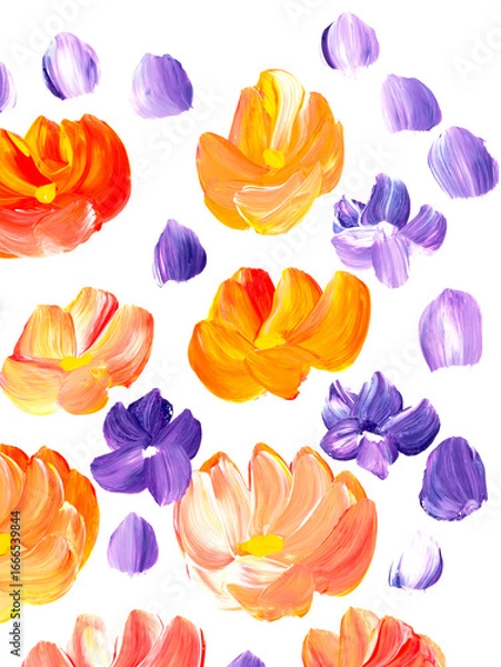 Fototapeta Abstract red and purple flowers, original hand drawn, impressionism style, color texture, brush strokes of paint