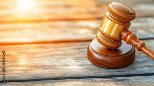 Fototapeta Wooden gavel with golden band resting on round base on rustic wooden surface with warm sunlight creating calm and authoritative atmosphere