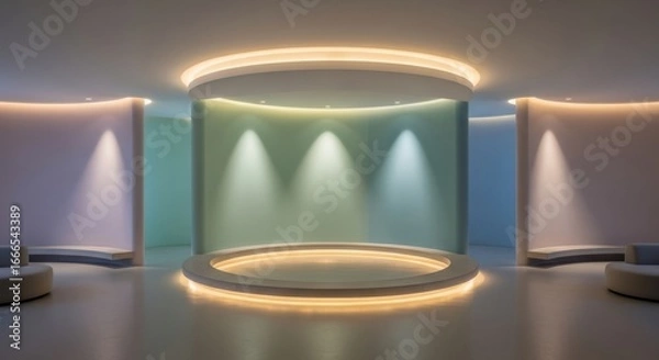 Fototapeta Modern futuristic interior with cylindrical display and ambient lighting