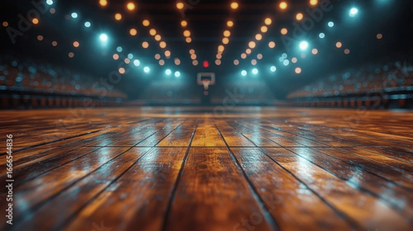 Obraz Basketball court with glowing lights, cinematic wooden floor close-up, empty NBA arena atmosphere, sports background, dramatic warm tones, neutral copy space