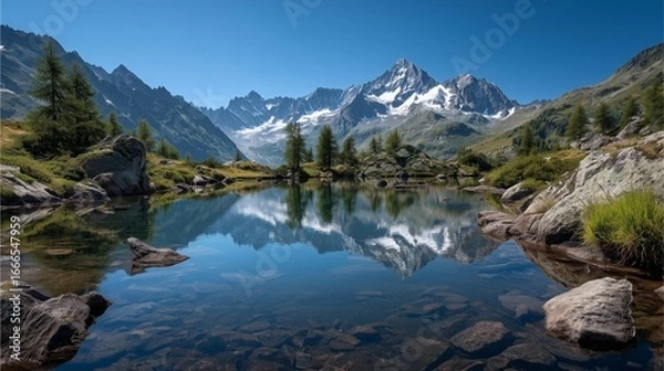 Fototapeta A stunning mountain landscape featuring a serene lake reflecting majestic peaks under a clear blue sky, surrounded by lush greenery and rocky terrain, perfect for nature lovers.