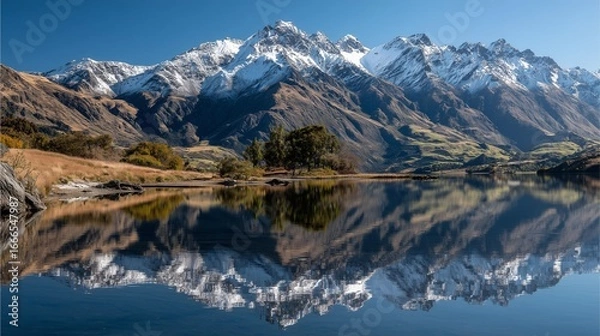 Fototapeta A stunning mountain landscape with snow-capped peaks reflected in a serene lake, surrounded by lush greenery and clear blue skies. Perfect for nature lovers and travel enthusiasts.